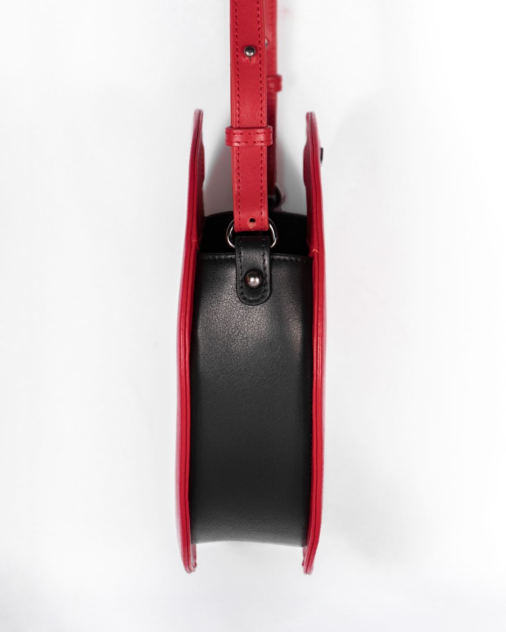 red round cow leather shoulder bag side adjustable shoulder belt