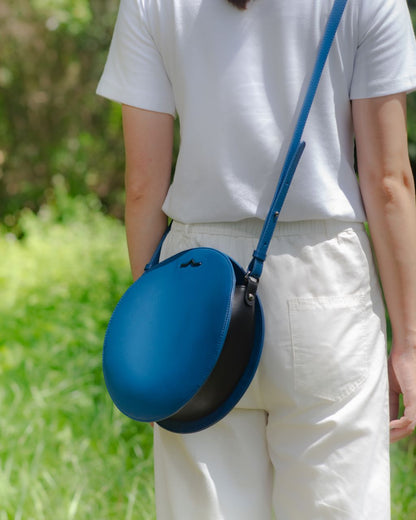 Blue circle Napa leather shoulder crossbody side