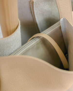 Zipper close up details of Workmate tote in beige colour  