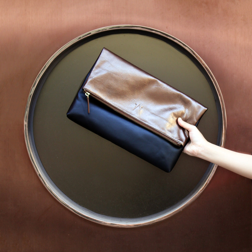TAT_normcore_2tone_clutch_14582_bronze bk  front with model hand
