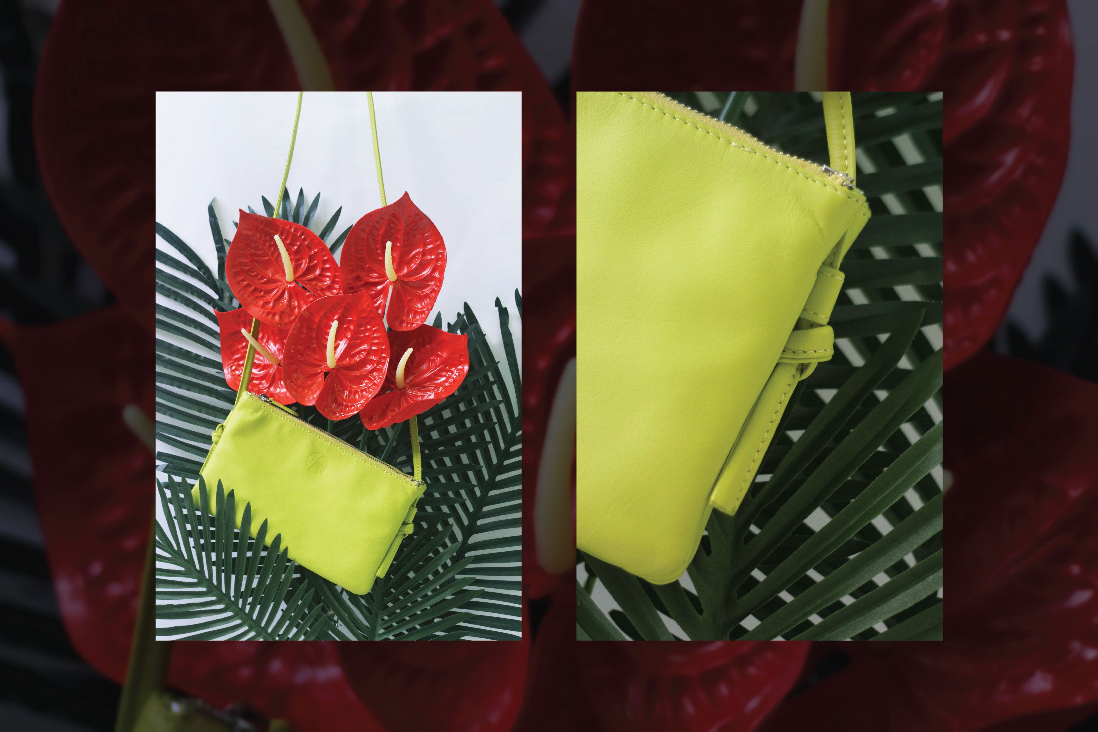 TAT_normcore_crossbody_14632_lemongreen_front with flowers styling and shoulder belt knot close up