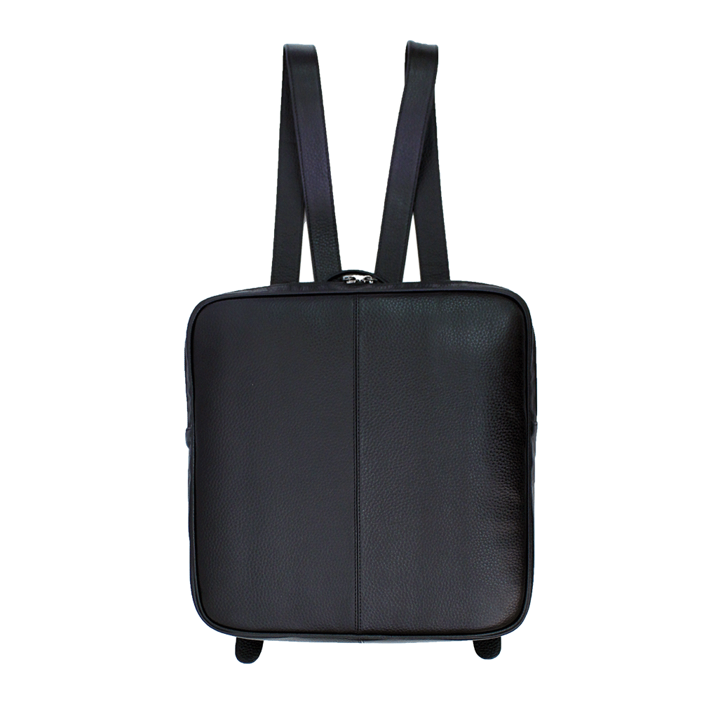 black square leather backpack front with shoulder