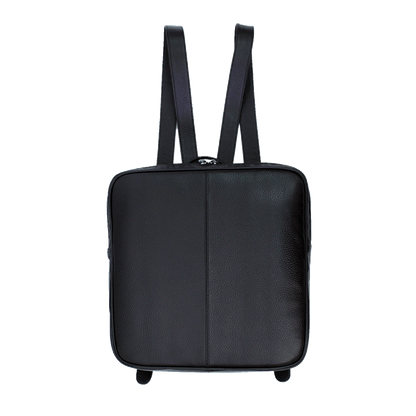 black square leather backpack front with shoulder
