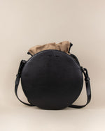 black circle cow leather crossbody with taupe nylon beans bag set