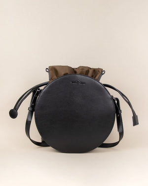 black circle cow leather crossbody with wood nylon beans bag set