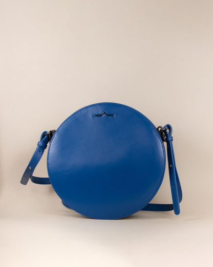 Blue circle Napa leather shoulder crossbody front studio