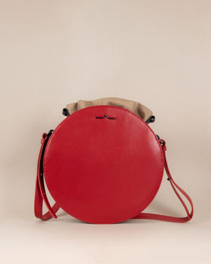 Red round cow leather crossbody with beige nylon beans bag set