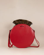 Red round cow leather crossbody with brown nylon beans bag set