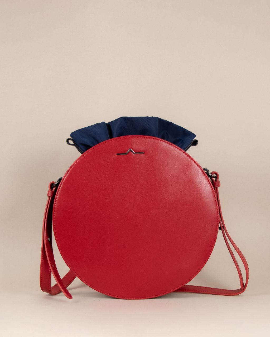 Red round cow leather crossbody with navy nylon beans bag set