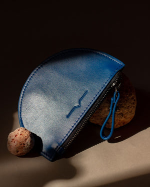 half moon mini leather pouch in electric blue  - Front