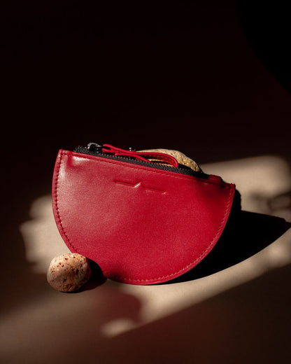 half moon mini leather pouch in tomato red  - Front