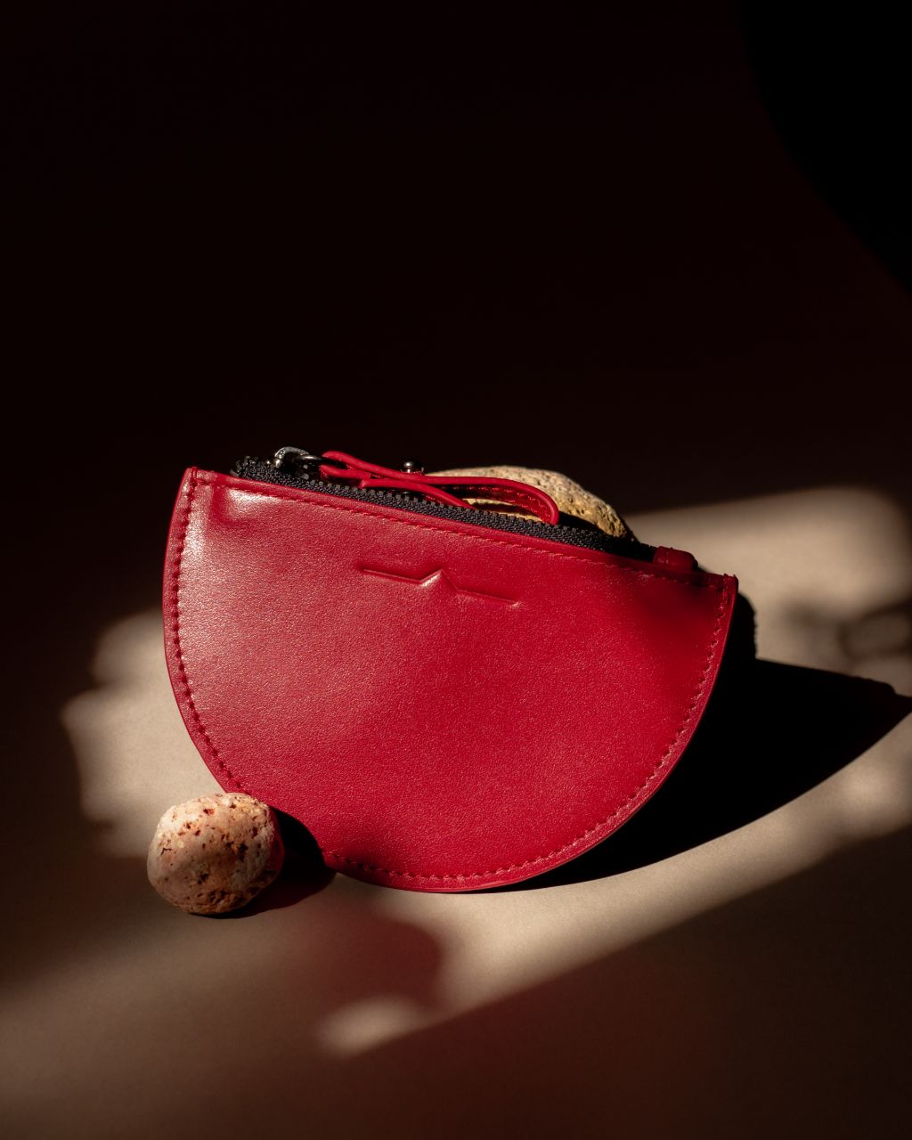 half moon mini leather pouch in tomato red  - Front