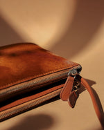 Pony Hair leather crossbody bag in camel TL-14632H_zipper puller close up